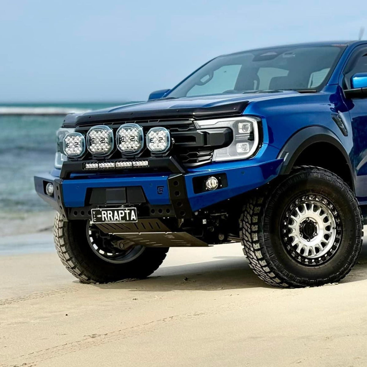 Ford Ranger Raptor Bull Bar Low Line Winter with hooped light bar, fog lights and winch cradle. Best looking Bull Bar in Australia. Made by Raslarr Engineering in Lilydale, VIC, Australia