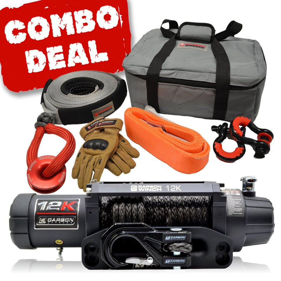 Carbon Offroad - Carbon 12K - 12000lb Winch and Black Hook Recovery Combo Deal - 4X4OC™ | 4x4 Offroad Centre