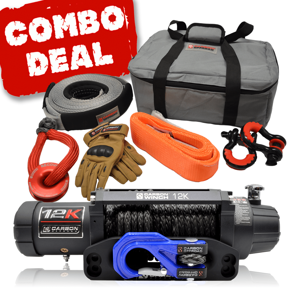 Carbon Offroad - Carbon 12K - 12000lb Winch and Blue Hook Recovery Combo Deal - 4X4OC™ | 4x4 Offroad Centre