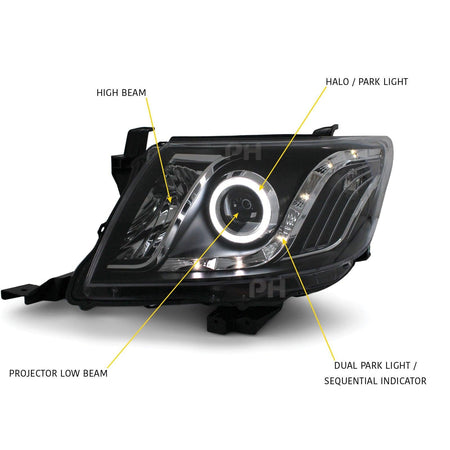 Panel House - Black Headlights Sequential DRL Halo Projector Fits Toyota Hilux N70 07/11 - 2014 - 4X4OC™ | 4x4 Offroad Centre