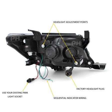 Panel House - Black Headlights Sequential DRL Halo Projector Fits Toyota Hilux N70 07/11 - 2014 - 4X4OC™ | 4x4 Offroad Centre