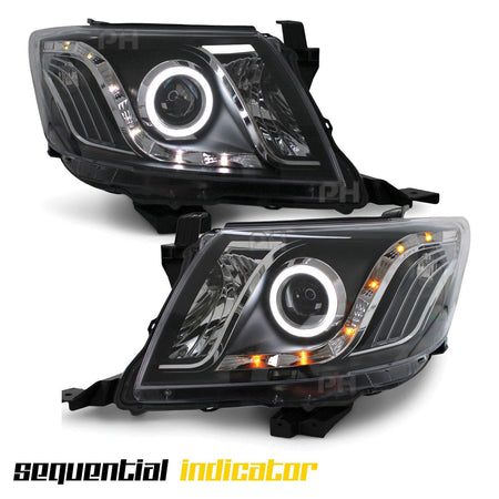 Panel House - Black Headlights Sequential DRL Halo Projector Fits Toyota Hilux N70 07/11 - 2014 - 4X4OC™ | 4x4 Offroad Centre