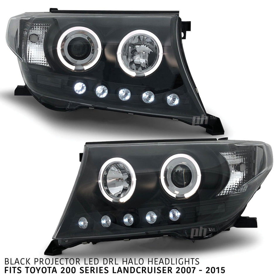 Panel House - Headlights Angel Eye LED Halo DRL Black fits Toyota Landcruiser 200 Series 07 - 15 - 4X4OC™ | 4x4 Offroad Centre