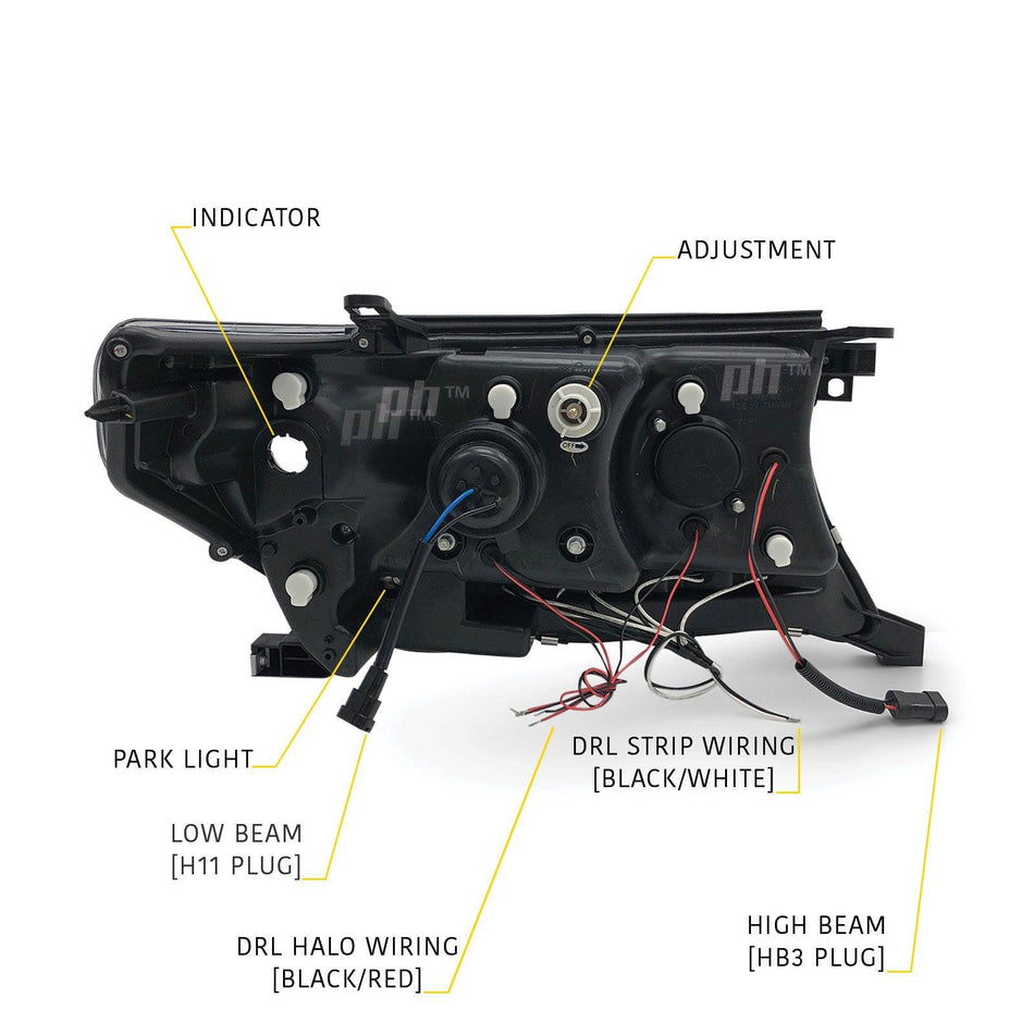 Panel House - Headlights Angel Eye LED Halo DRL Black fits Toyota Landcruiser 200 Series 07 - 15 - 4X4OC™ | 4x4 Offroad Centre