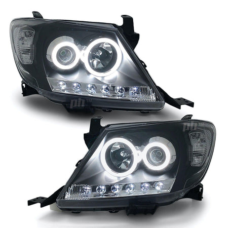 Panel House - Headlights Black DRL Projector HALO Angel Eyes Fits Toyota Hilux N70 2005 - 04 - 11 - 4X4OC™ | 4x4 Offroad Centre