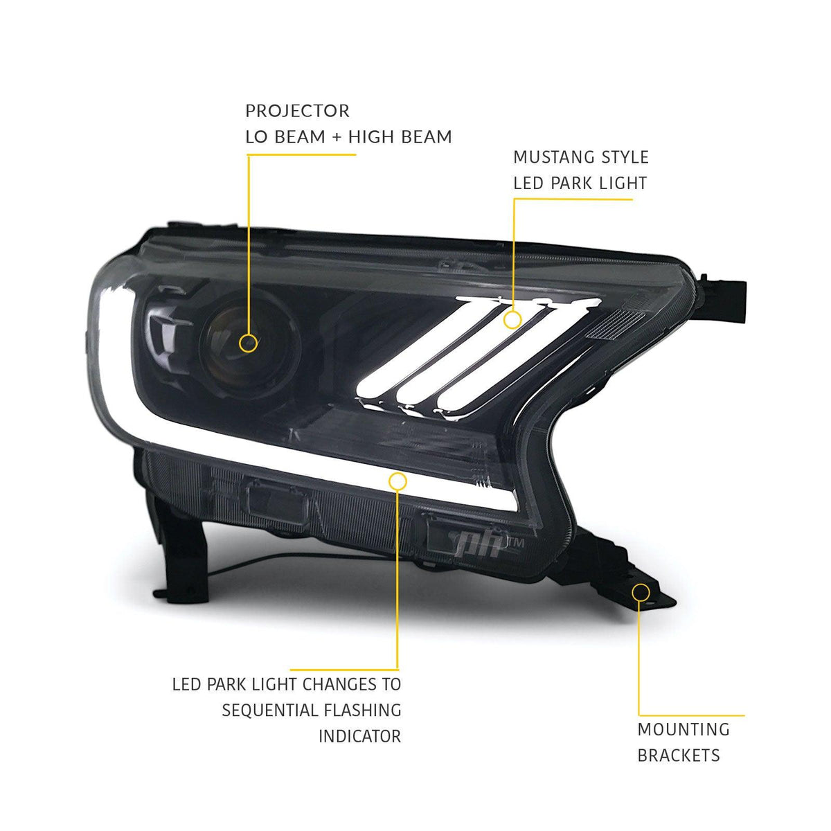 Panel House - Headlights Black PAIR LED Sequential Indicator fits Ford Ranger PX MK2 MK3 Wildtrak Raptor 15 - 20 - 4X4OC™ | 4x4 Offroad Centre