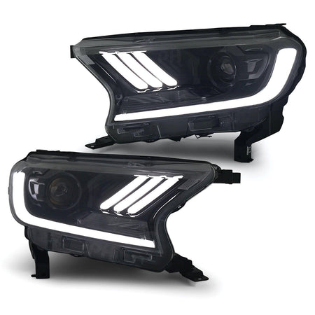 Panel House - Headlights Black PAIR LED Sequential Indicator fits Ford Ranger PX MK2 MK3 Wildtrak Raptor 15 - 20 - 4X4OC™ | 4x4 Offroad Centre