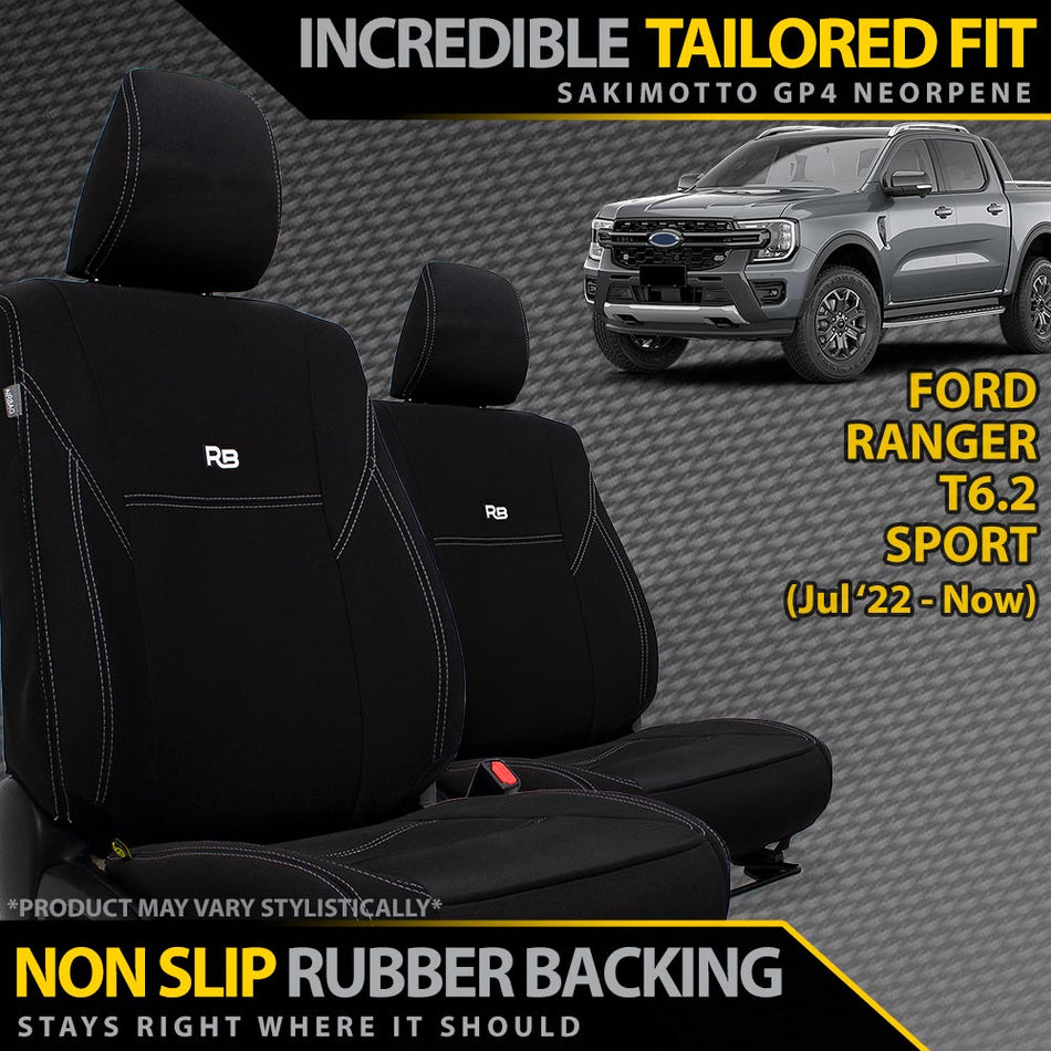 Razorback 4x4 - Ford Ranger T6.2 Sport Neoprene 2x Front Row Seat Covers (In Stock) - 4X4OC™ | 4x4 Offroad Centre