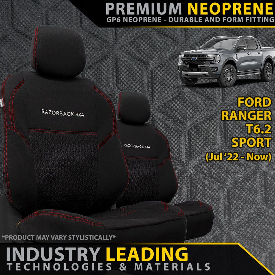 Razorback 4x4 - Ford Ranger T6.2 Sport Premium Neoprene 2x Front Row Seat Covers (Made to Order) - 4X4OC™ | 4x4 Offroad Centre