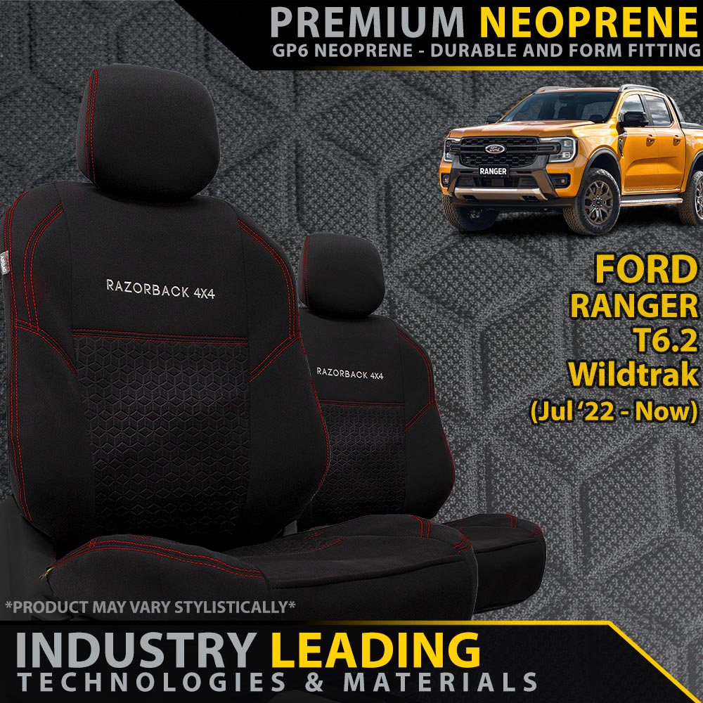 Razorback 4x4 - Ford Ranger T6.2 Wildtrak Premium Neoprene 2x Front Row Seat Covers (Made to Order) - 4X4OC™ | 4x4 Offroad Centre