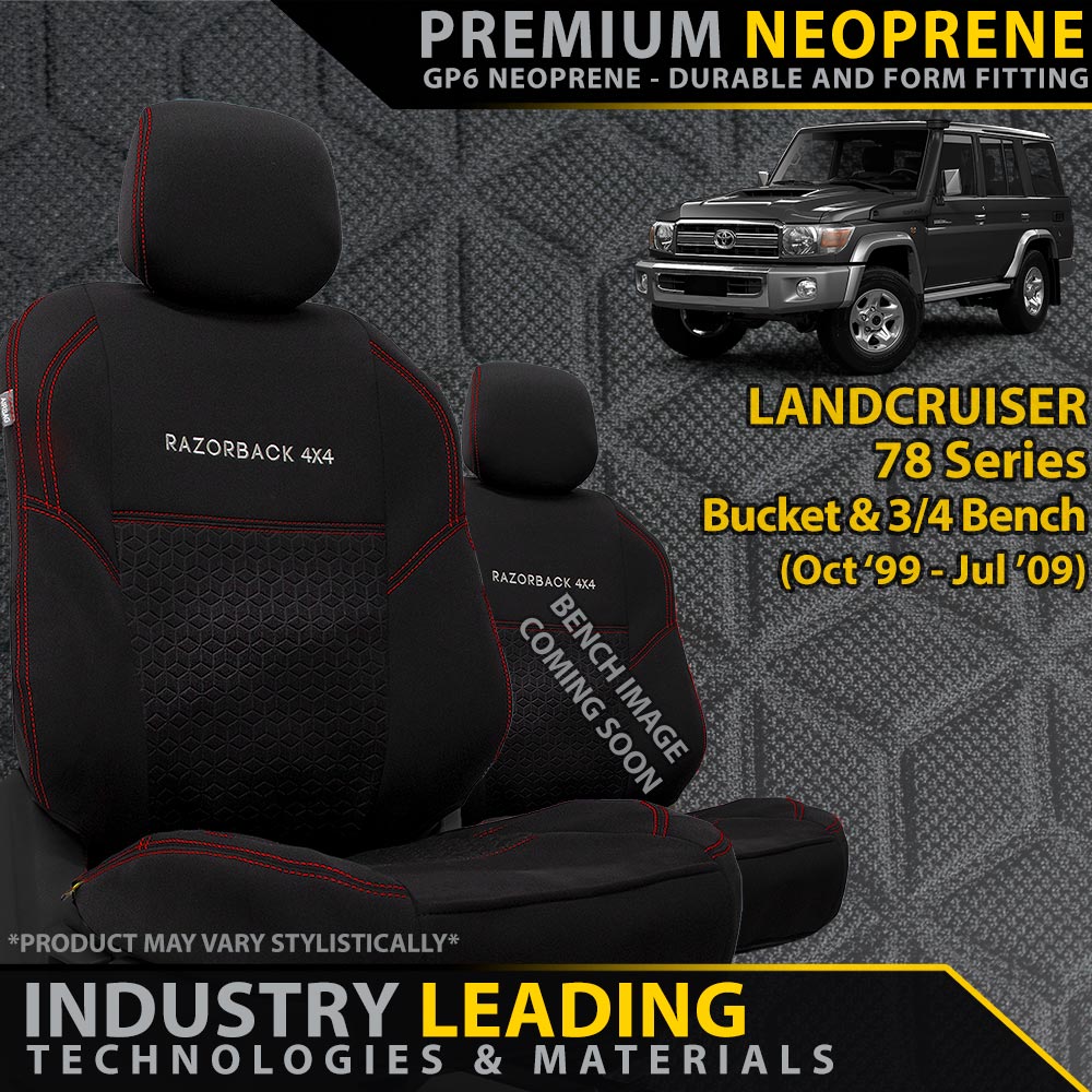 Razorback 4x4 - Landcruiser 78 Series Bucket & 3/4 Bench Premium Neoprene 2x Front Seat Covers (Made to Order) - 4X4OC™ | 4x4 Offroad Centre