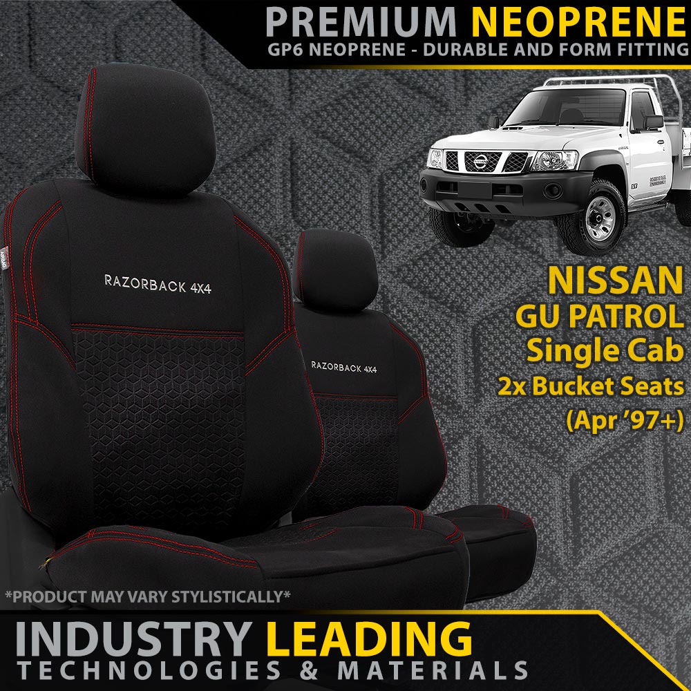 Razorback 4x4 - Nissan GU Patrol Single Cab 2x Bucket Seats Premium Neoprene 2x Front Seat Covers (Made to Order) - 4X4OC™ | 4x4 Offroad Centre