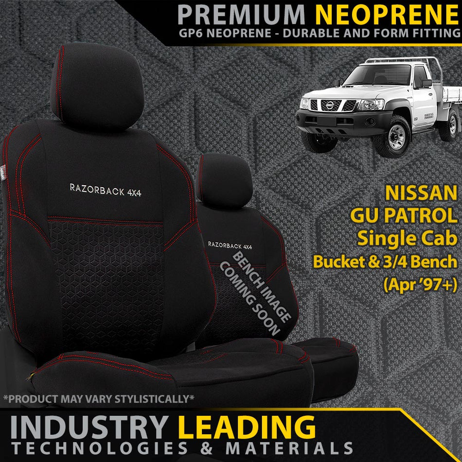 Razorback 4x4 - Nissan GU Patrol Single Cab Bucket + 3/4 Bench Premium Neoprene 2x Front Seat Covers (Made to Order) - 4X4OC™ | 4x4 Offroad Centre