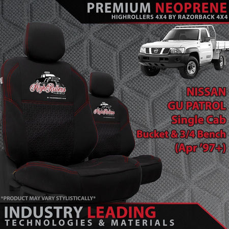 Razorback 4x4 - Nissan GU Patrol Single Cab Bucket + 3/4 Bench Seats Premium Neoprene 2x Front Seat Covers (Made to Order) - 4X4OC™ | 4x4 Offroad Centre