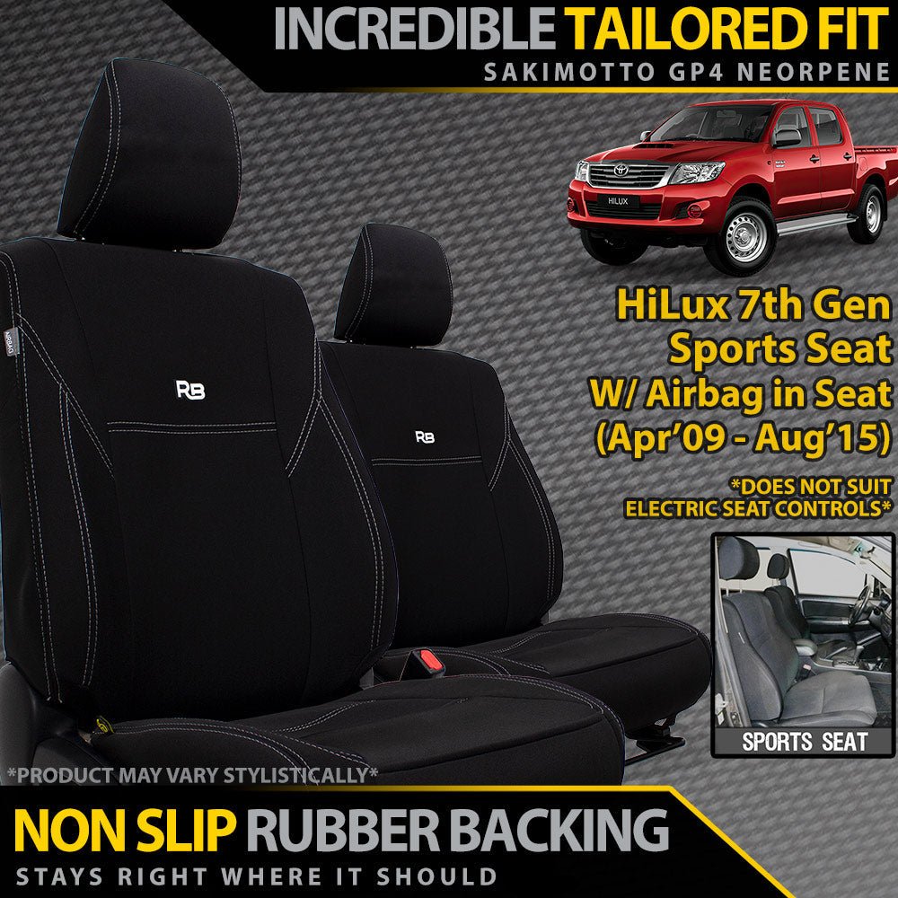 Razorback 4x4 - Razorback 4x4 GP4 Standard Neoprene 2x Front Seat Covers Suitable for a Toyota Hilux 7th Gen (N70) SPORT SEAT (4x4 SR - (Jul 2011 - Aug 2015) - 4x4 SR5 Extra Cab (Jul 2011 - Aug 2015) - 4x4 SR5 Dual Cab (Aug 2009 - Aug 2015) - Jul 2011 - Aug 2015) - 4X4OC™ | 4x4 Offroad Centre