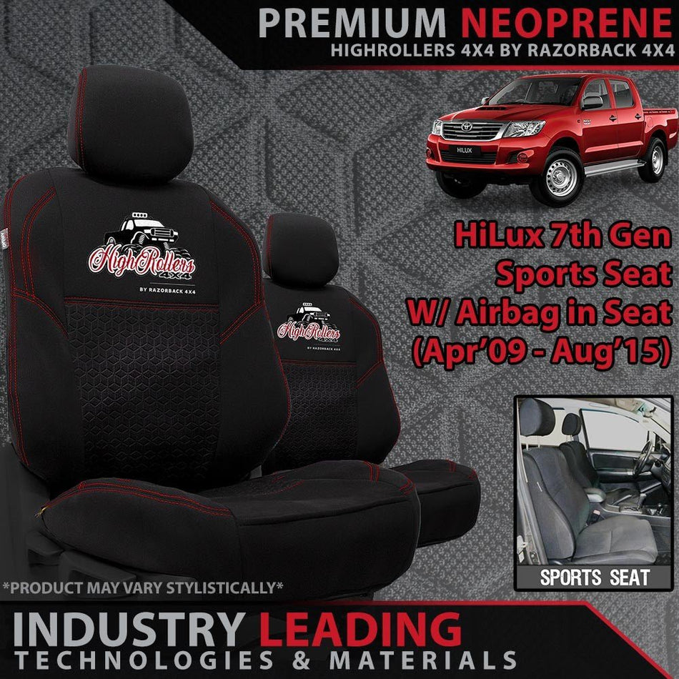 Razorback 4x4 - Toyota HiLux 7th Gen (SPORT SEAT) Premium Neoprene 2x Front Seat Covers (High Rollers 4x4) - 4X4OC™ | 4x4 Offroad Centre