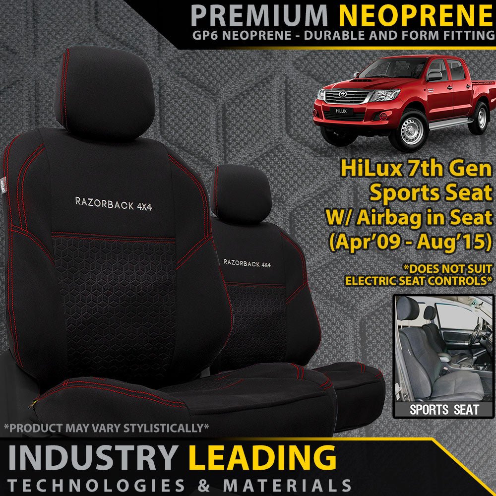 Razorback 4x4 - Toyota HiLux 7th Gen (SPORT SEAT) Premium Neoprene 2x Front Seat Covers (Made to Order) - 4X4OC™ | 4x4 Offroad Centre