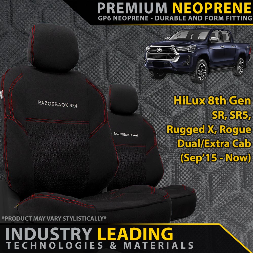 Razorback 4x4 - Toyota HiLux 8th Gen Premium Neoprene 2x Front Seat Covers (Made to Order) - 4X4OC™ | 4x4 Offroad Centre