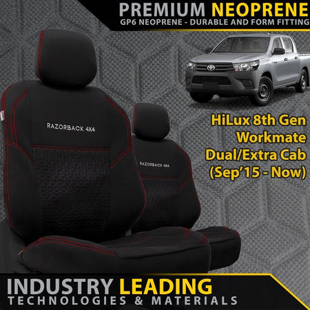 Razorback 4x4 - Toyota HiLux 8th Gen Workmate Premium Neoprene 2x Front Row Seat Covers (Made to Order) - 4X4OC™ | 4x4 Offroad Centre