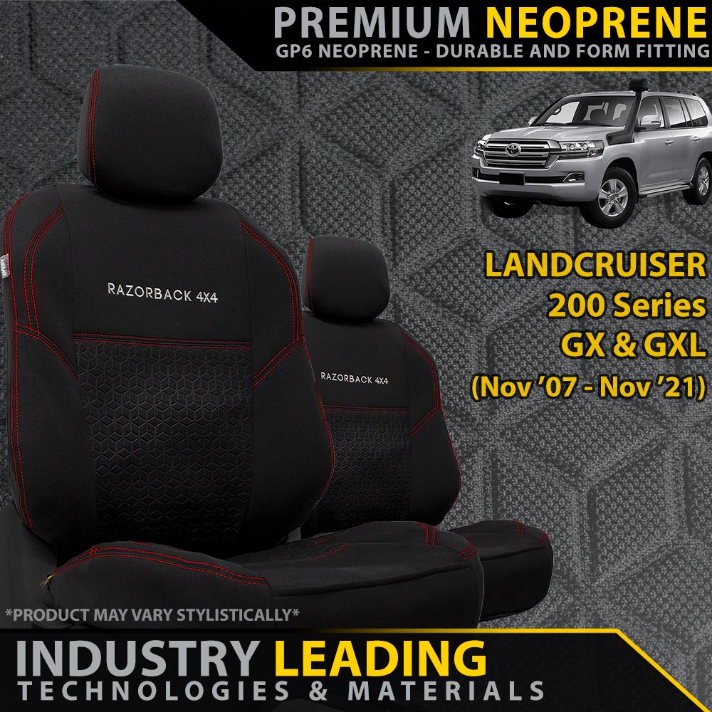 Razorback 4x4 - Toyota Landcruiser 200 Series GX/GXL Premium Neoprene 2x Front Seat Covers (Made to Order) - 4X4OC™ | 4x4 Offroad Centre