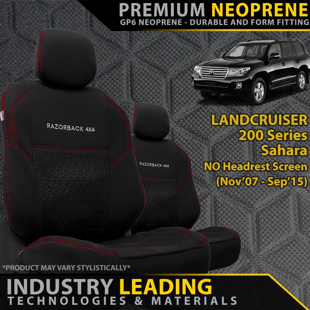 Razorback 4x4 - Toyota Landcruiser 200 Series Sahara (Pre Facelift) Premium Neoprene 2x Front Seat Covers (Made to Order) - 4X4OC™ | 4x4 Offroad Centre