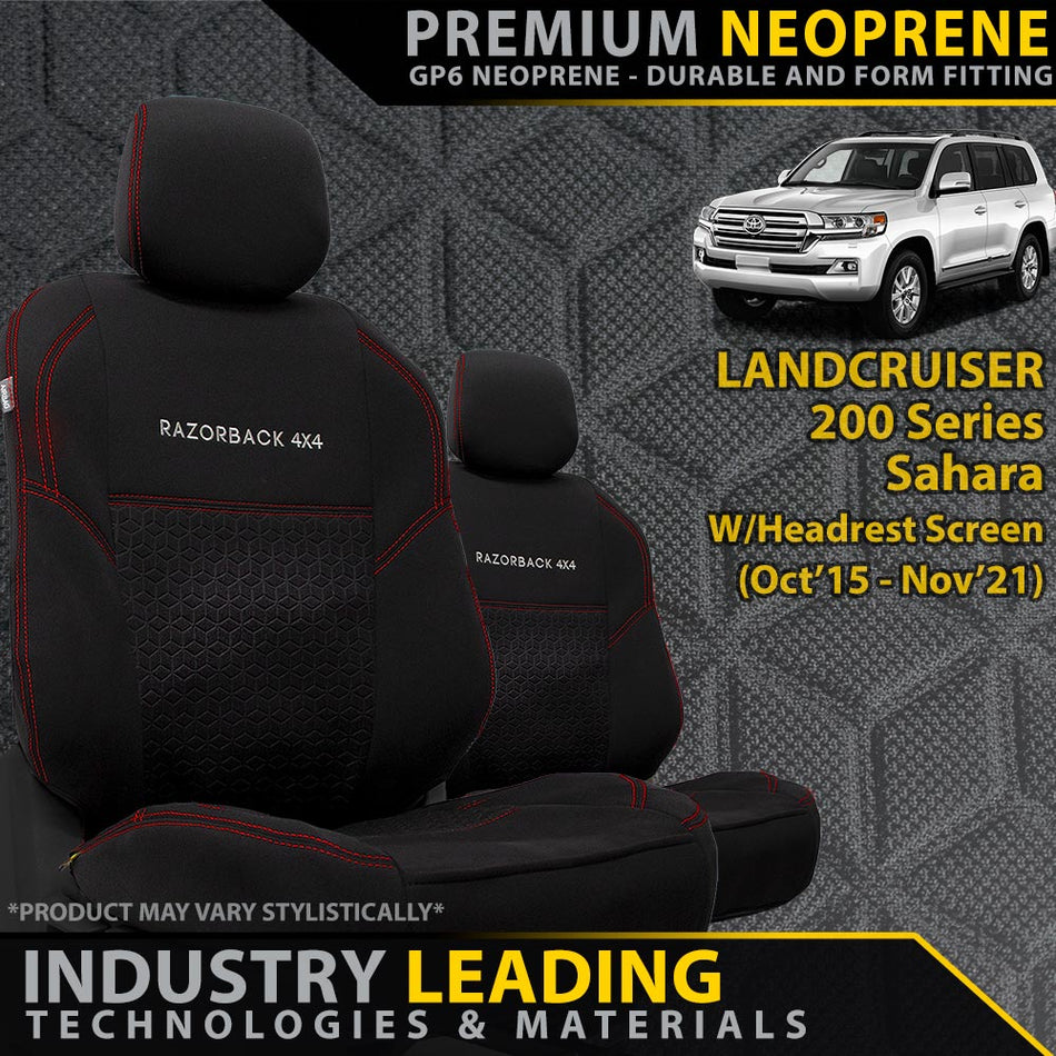 Razorback 4x4 - Toyota Landcruiser 200 Series Sahara W/Headrest Screen Premium Neoprene 2x Front Seat Covers (Made to Order) - 4X4OC™ | 4x4 Offroad Centre