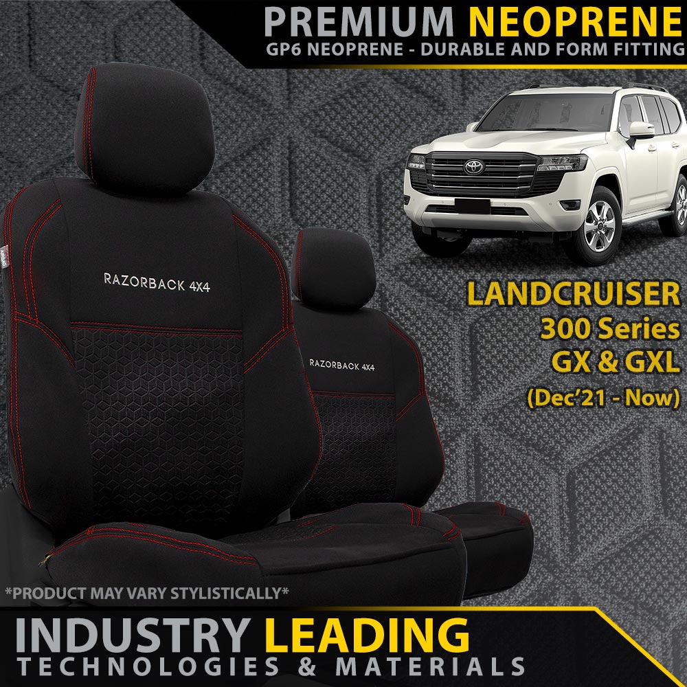 Razorback 4x4 - Toyota Landcruiser 300 Series GX & GXL Premium Neoprene 2x Front Row Seat Covers (Made to Order) - 4X4OC™ | 4x4 Offroad Centre