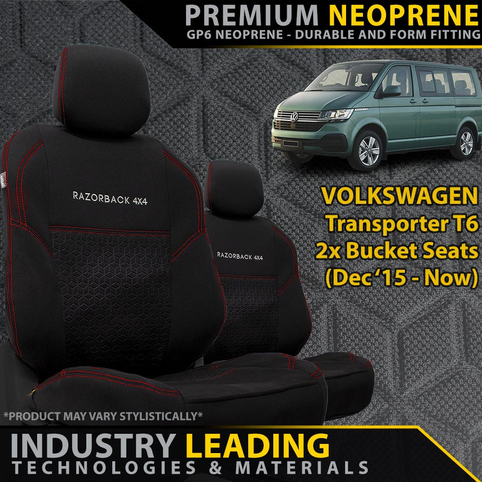 Razorback 4x4 - Volkswagen Transporter T6 Premium Neoprene 2x Front Bucket Seat Covers (Made to Order) - 4X4OC™ | 4x4 Offroad Centre